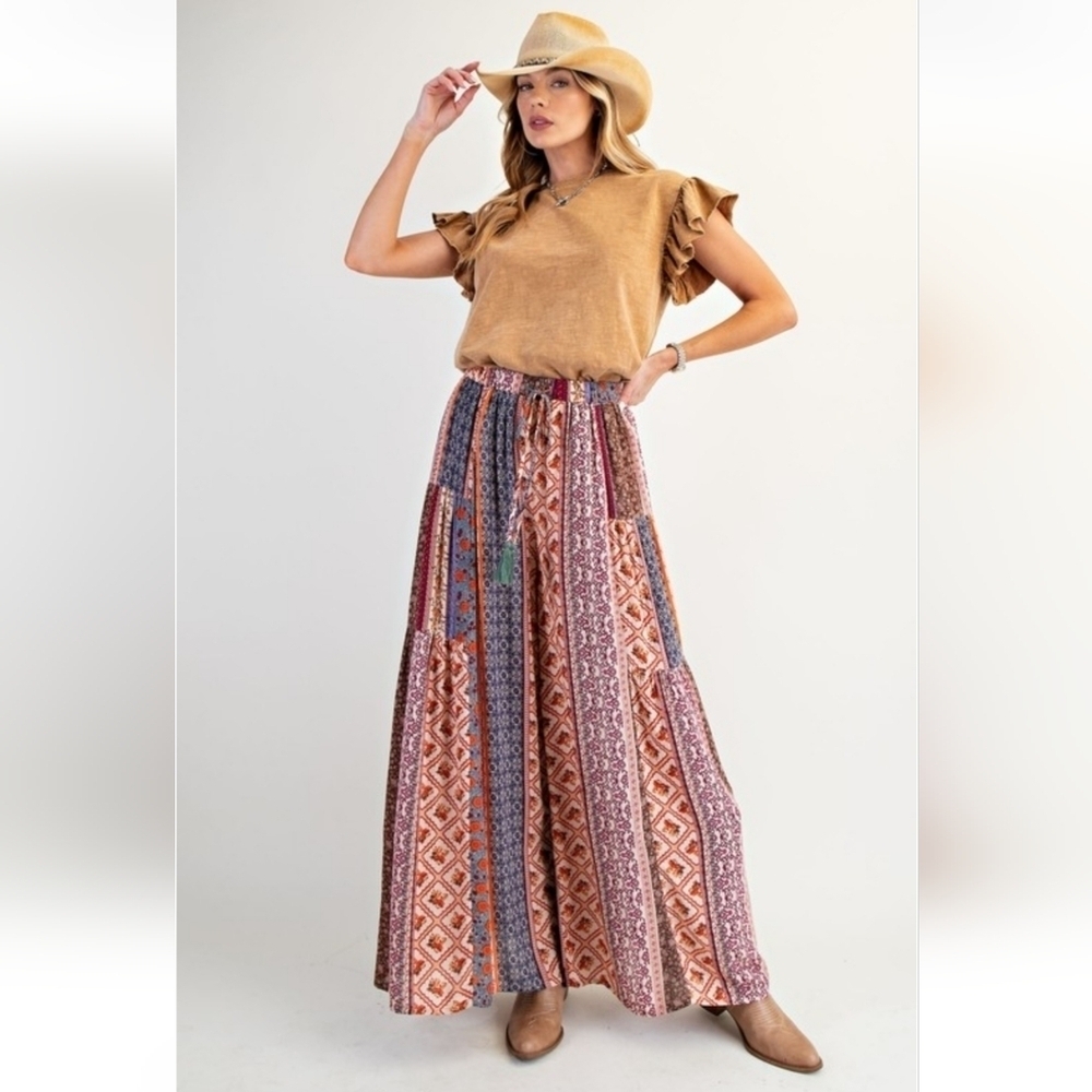 Easel Boho Printed Rayon Gauze Palazzo Wide Leg Pants New